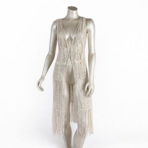 Women’s Boho Cream Crochet Lace Fringe Long Vest Duster Festival Hippie Chic